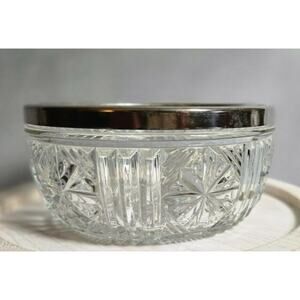 Cut Etched Glass 8” Vintage Bowl With Silver Plate Rim Made In England